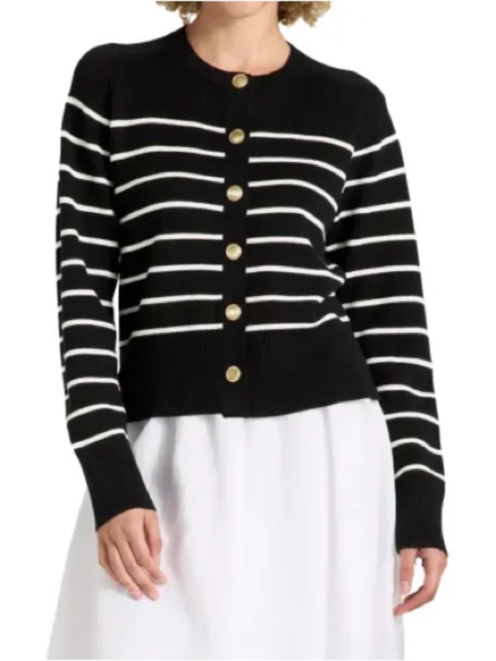 a new day Black & White Striped Crewneck Cardigan with Gold Buttons